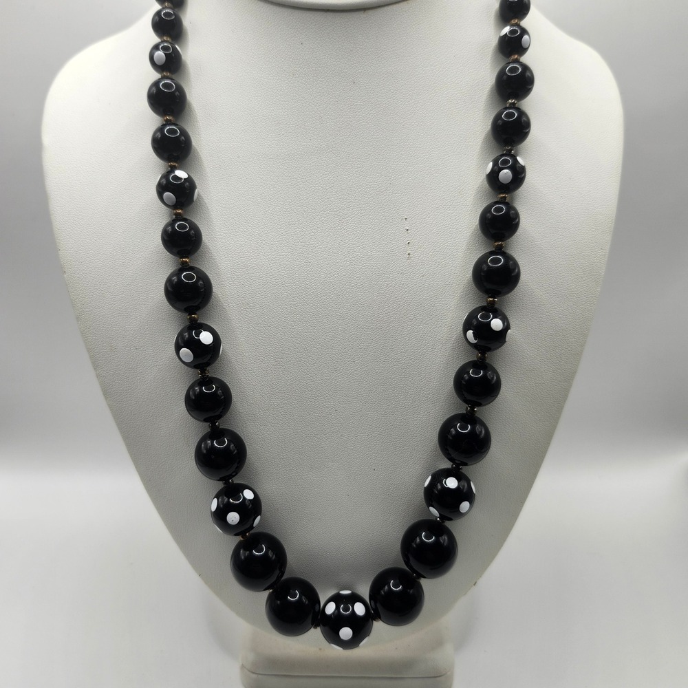 Vintage Black and White Polka Dot Beaded Necklace Gold Tone Spring Ring Clasp